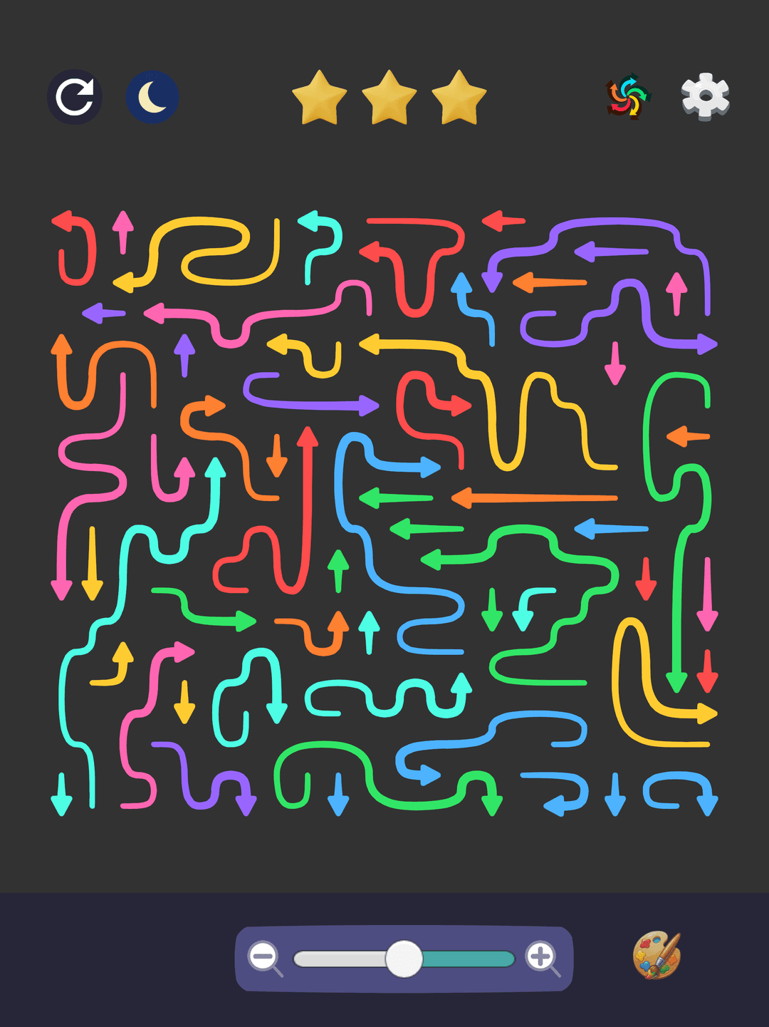 Arrow puzzle neon mode with dense arrows on iPad