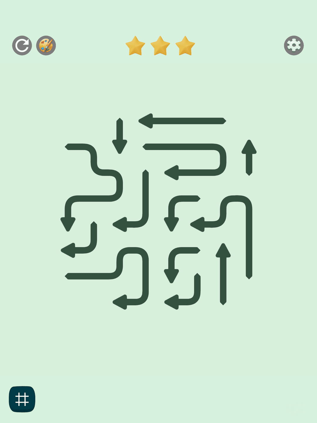 Long bent arrows winding across an Arrow Jam Go board on iPad