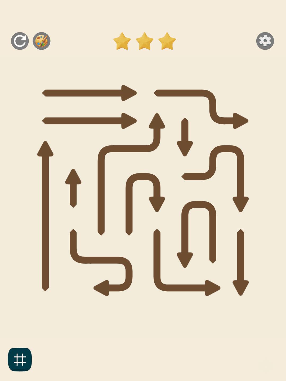 Arrow Jam Go flat 2D arrow board on iPad — every arrow visible at once