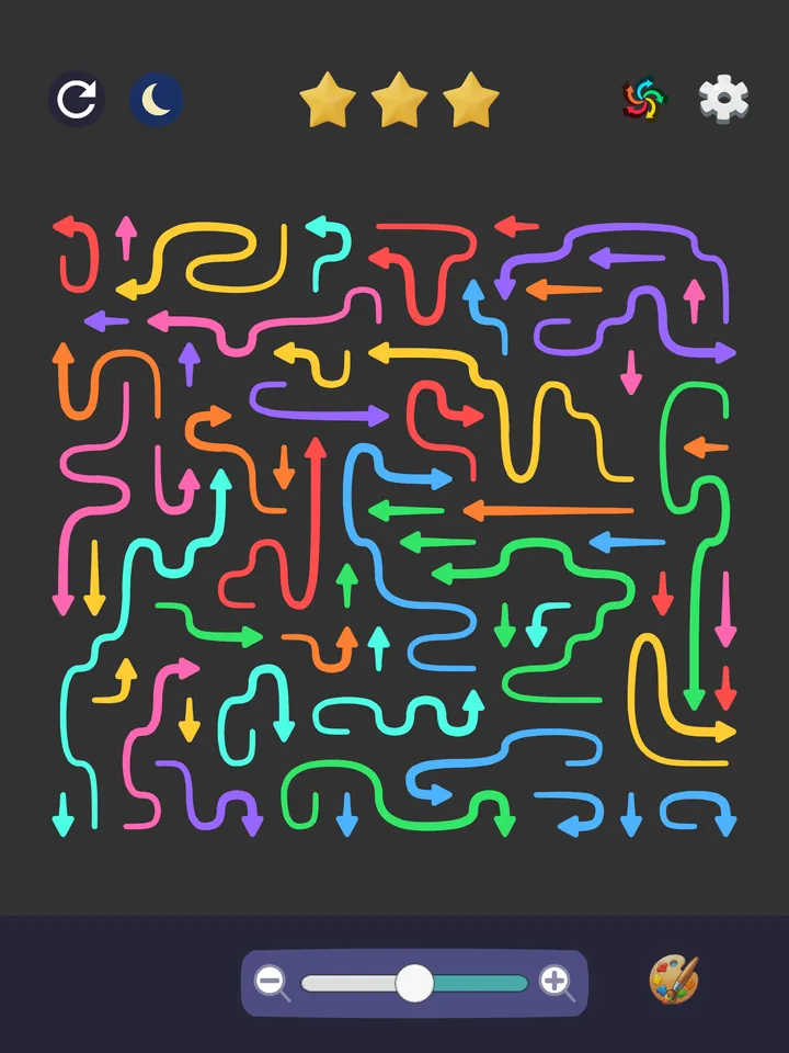 Arrow puzzle neon mode with dense arrows on iPad